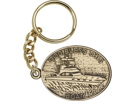 God Bless This Boat Keychain Gold Finish