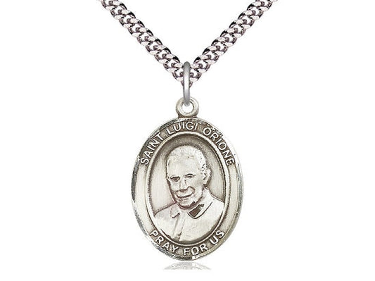 St Luigi Orione Sterling Silver Pendant on a 24 inch Light Rhodium Heavy Curb Chain.