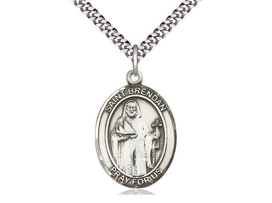 St Brendan the Navigator Sterling Silver Pendant on a 24 inch Light Rhodium Heavy Curb Chain.