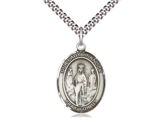 Our Lady of Knock Sterling Silver Pendant on a 24 inch Light Rhodium Heavy Curb Chain.