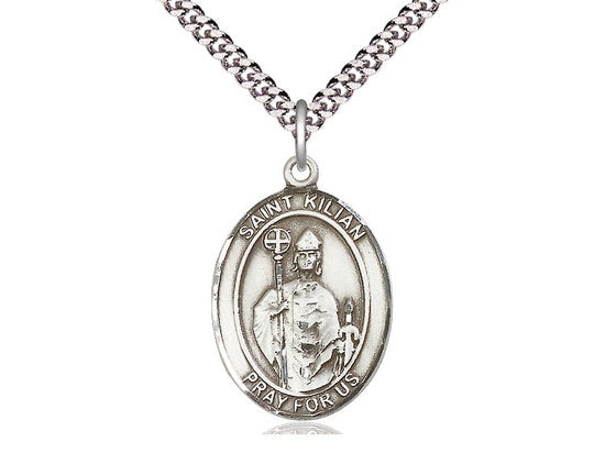 St Kilian Sterling Silver Pendant on a 24 inch Light Rhodium Heavy Curb Chain.