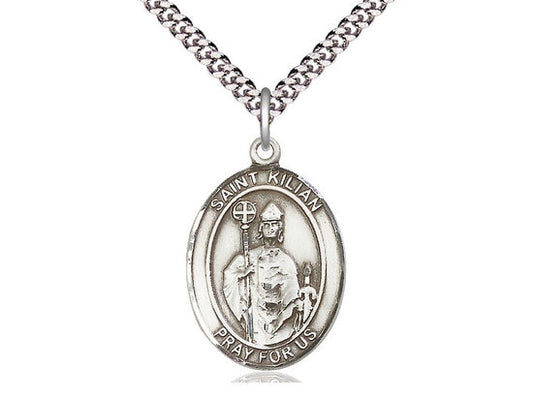 St Kilian Sterling Silver Pendant on a 24 inch Light Rhodium Heavy Curb Chain.