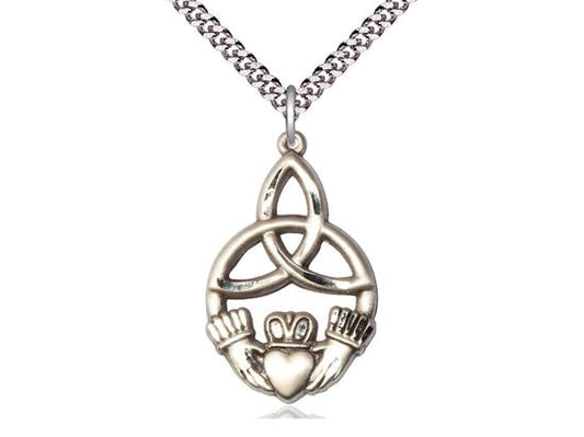 Irish Knot Claddagh Sterling Silver Pendant on a 24 inch Light Rhodium Heavy Curb Chain.