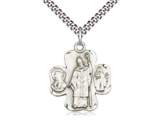 Irish Shamrock Sterling Silver Pendant on a 24 inch Light Rhodium Heavy Curb Chain.