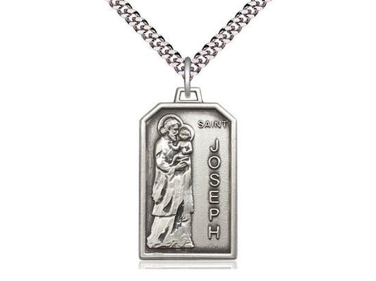 Saint Jospeh Sterling Silver Pendant on a 24 inch Light Rhodium Heavy Curb Chain.