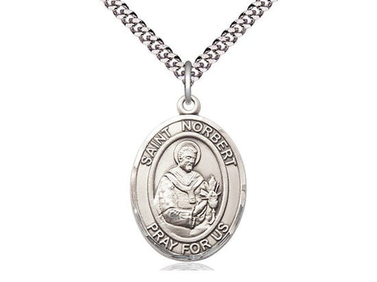 St Norbert of Xanten Sterling Silver Pendant on a 24 inch Light Rhodium Heavy Curb Chain.