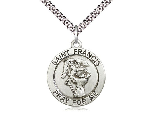 St Francis of Assisi Sterling Silver Pendant on a 24 inch Light Rhodium Heavy Curb Chain.
