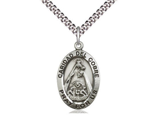 Caridad del Cobre Sterling Silver Pendant on a 24 inch Light Rhodium Heavy Curb Chain.