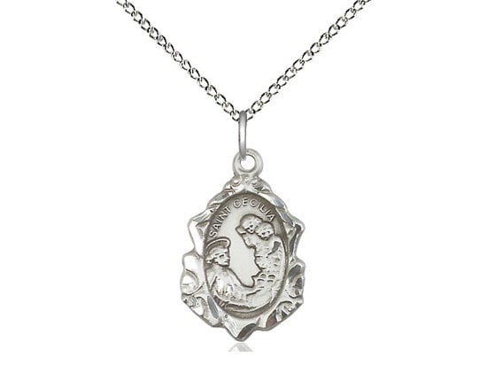 Sterling Silver St Cecilia Pendant on a 18 inch Sterling Silver Light Curb Chain