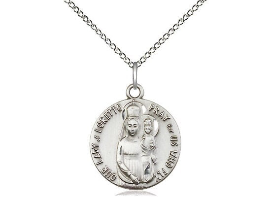 Our Lady of Loretto Sterling Silver Pendant on a 18 inch Sterling Silver Light Curb Chain.