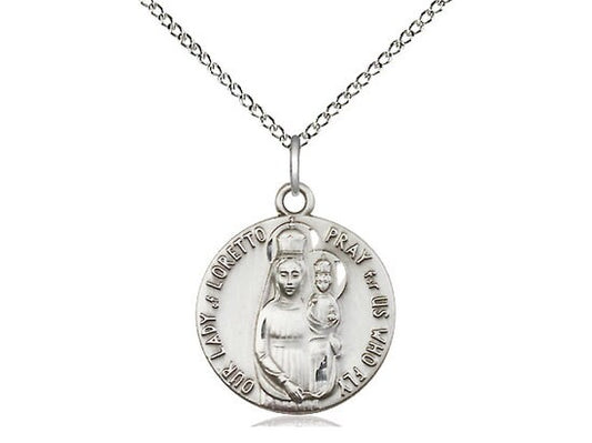 Our Lady of Loretto Sterling Silver Pendant on a 18 inch Sterling Silver Light Curb Chain.