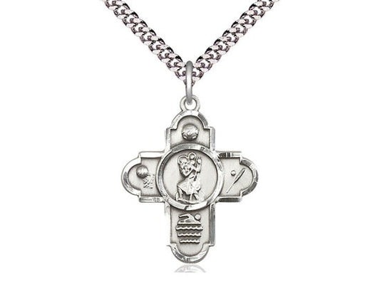5-Way St Christopher Sports Sterling Silver Pendant on a 24 inch Light Rhodium Heavy Curb Chain.