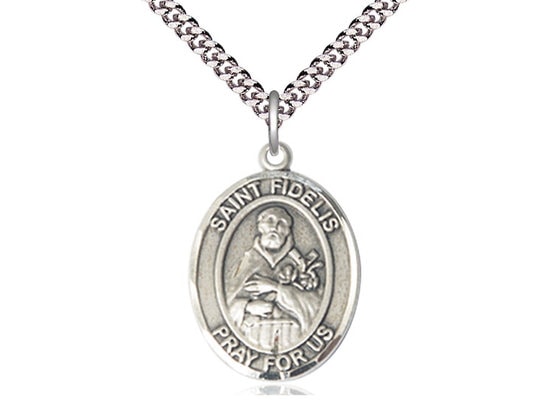 St Fidelis Sterling Silver Pendant on a 24 inch Light Rhodium Heavy Curb Chain.