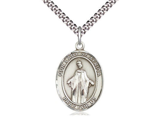 Our Lady of Africa Sterling Silver Pendant on a 24 inch Light Rhodium Heavy Curb Chain.