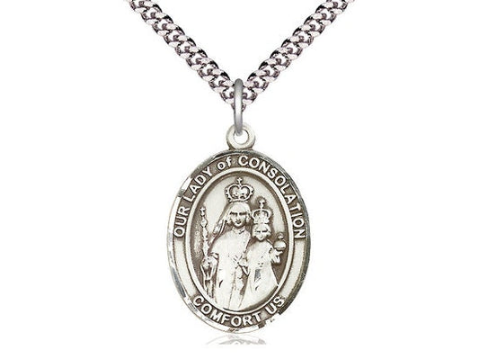 Our Lady of Consolation Sterling Silver Pendant on a 24 inch Light Rhodium Heavy Curb Chain.