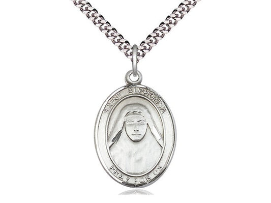 St Alphonsa Sterling Silver Pendant on a 24 inch Light Rhodium Heavy Curb Chain.