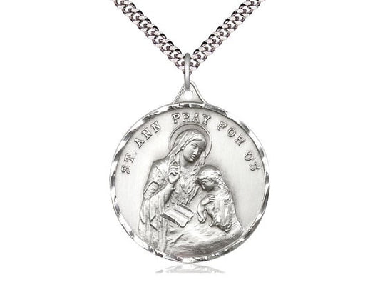St Ann Sterling Silver Pendant on a 24 inch Light Rhodium Heavy Curb Chain.
