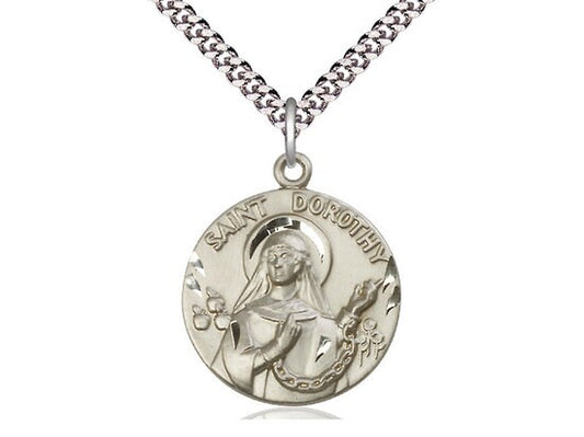 St Dorothy Sterling Silver Pendant on a 24 inch Light Rhodium Heavy Curb Chain.