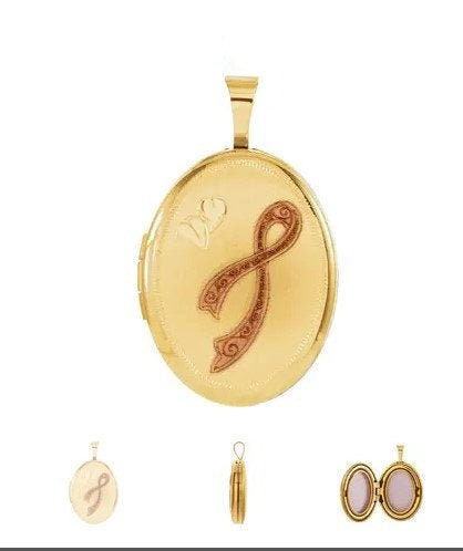 Yellow Gold-Plated Sterling Silver Oval Breast Cancer Awareness Locket