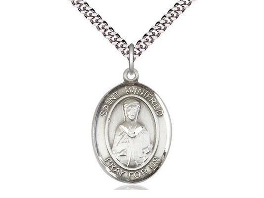 St Winifred of Wales Sterling Silver Pendant on a 24 inch Light Rhodium Heavy Curb Chain.
