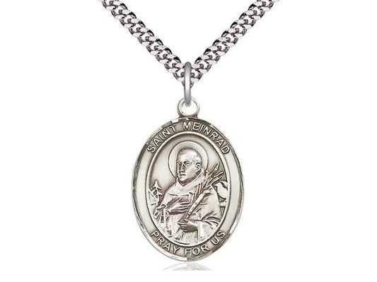 St Meinrad of Einsideln Sterling Silver Pendant on a 24 inch Light Rhodium Heavy Curb Chain.