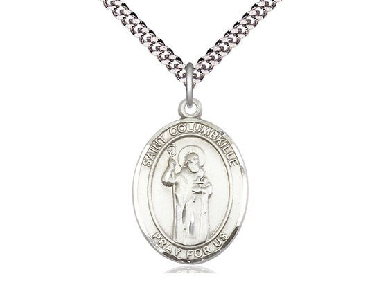 St Columbkille Sterling Silver Pendant on a 24 inch Light Rhodium Heavy Curb Chain.