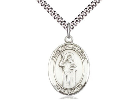 St Columbkille Sterling Silver Pendant on a 24 inch Light Rhodium Heavy Curb Chain.