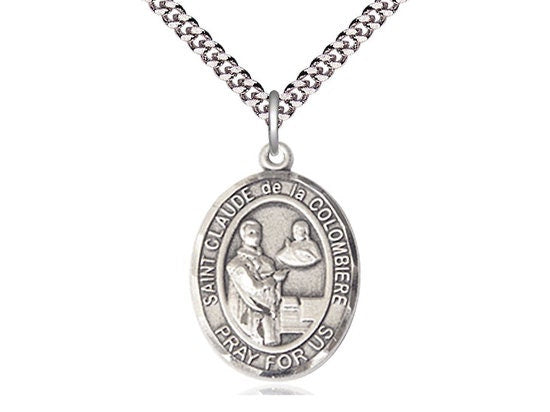 St Claude de la Colombiere Sterling Silver Pendant on a 24 inch Light Rhodium Heavy Curb Chain.