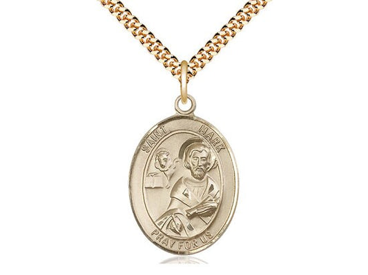 St Mark the Evangelist Gold Filled Pendant on a 24 inch Gold Plate Heavy Curb Chain.