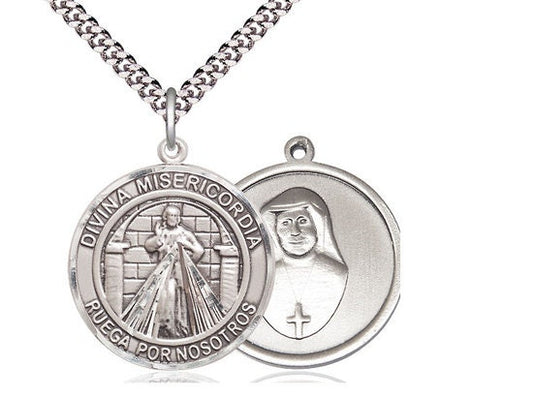 Divina Misericordia Sterling Silver Pendant on a 24 inch Light Rhodium Heavy Curb Chain.