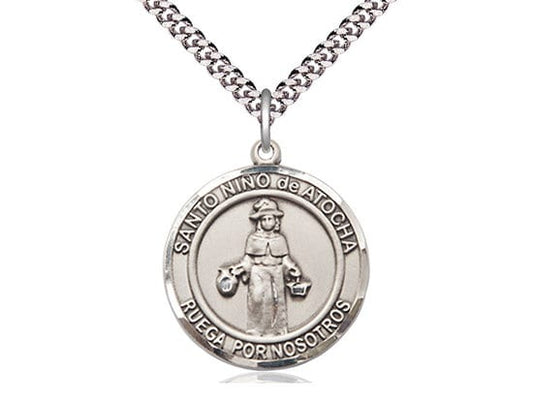 Nino de Atocha Sterling Silver Pendant on a 24 inch Light Rhodium Heavy Curb Chain.