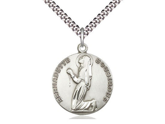 St Bernadette Sterling Silver Pendant on a 24 inch Light Rhodium Heavy Curb Chain.