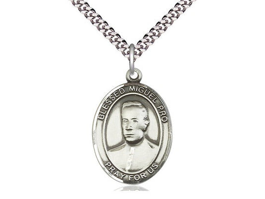 Blessed Miguel Pro Sterling Silver Pendant on a 24 inch Light Rhodium Heavy Curb Chain.