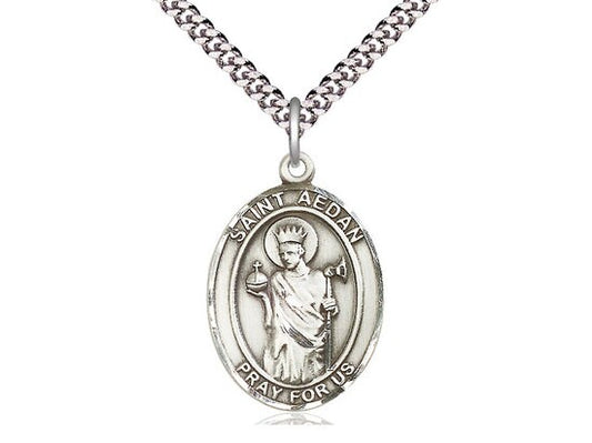 St Aedan of Ferns Sterling Silver Pendant on a 24 inch Light Rhodium Heavy Curb Chain.