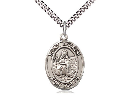 St Ephrem Sterling Silver Pendant on a 24 inch Light Rhodium Heavy Curb Chain.