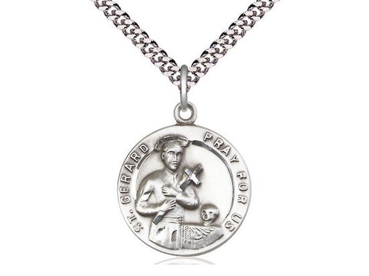 St Gerard Sterling Silver Pendant on a 24 inch Light Rhodium Heavy Curb Chain.