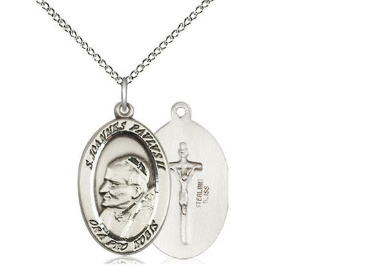St John Paul II Vatican Sterling Silver Pendant on a 18 inch Sterling Silver Light Curb Chain.