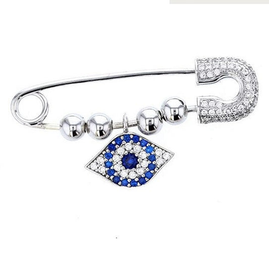 Evil Eye, Silver & Cubic Zirconia Charms with Silver Safety Pin