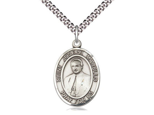 St Joseph Marello Sterling Silver Pendant on a 24 inch Light Rhodium Heavy Curb Chain.