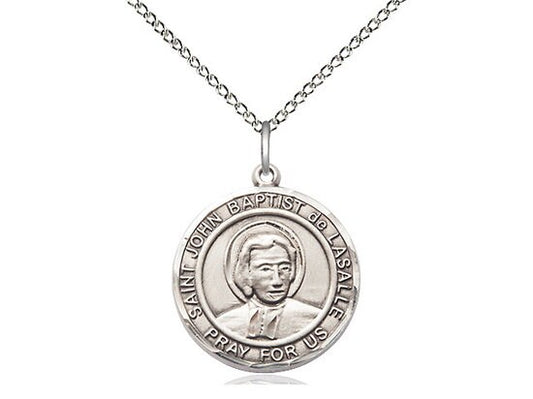St John Baptist de la Salle Sterling Silver Pendant on a 18 inch Sterling Silver Light Curb Chain.