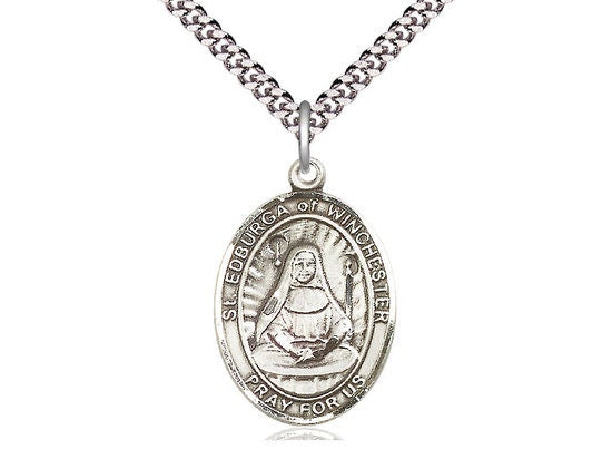 St Edburga of Winchester Sterling Silver Pendant on a 24 inch Light Rhodium Heavy Curb Chain.