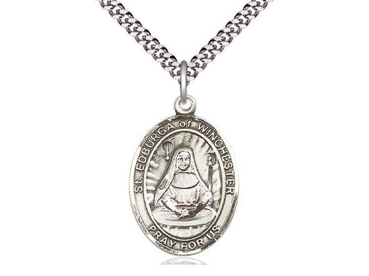 St Edburga of Winchester Sterling Silver Pendant on a 24 inch Light Rhodium Heavy Curb Chain.