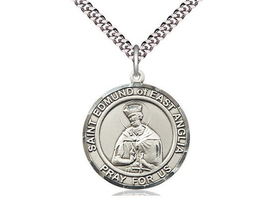 St. Edmund of East Anglia Sterling Silver Pendant on a 24 inch Light Rhodium Heavy Curb Chain.