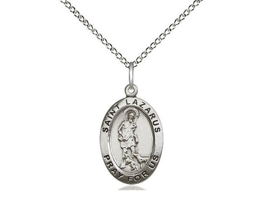 St Lazarus Sterling Silver Pendant on a 18 inch Sterling Silver Light Curb Chain.