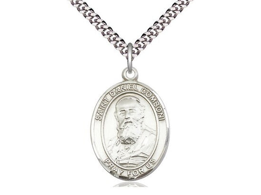St Daniel Comboni Sterling Silver Pendant on a 24 inch Light Rhodium Heavy Curb Chain.