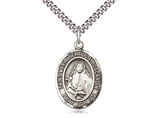 St Maria Bertilla Boscardin Sterling Silver Pendant on a 24 inch Light Rhodium Heavy Curb Chain.