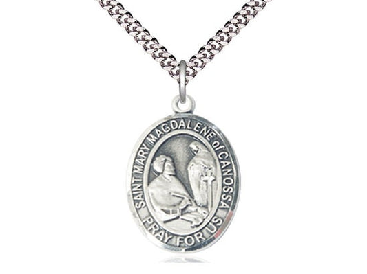 St Mary Magdalene of Canossa Sterling Silver Pendant on a 24 inch Light Rhodium Heavy Curb Chain.