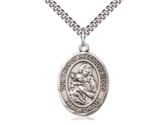 Our Lady of the Precious Blood Sterling Silver Pendant on a 24 inch Light Rhodium Heavy Curb Chain.