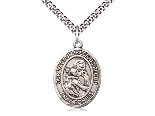 Our Lady of the Precious Blood Sterling Silver Pendant on a 24 inch Light Rhodium Heavy Curb Chain.