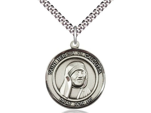 St. Teresa of Calcutta Sterling Silver Pendant on a 24 inch Light Rhodium Heavy Curb Chain.